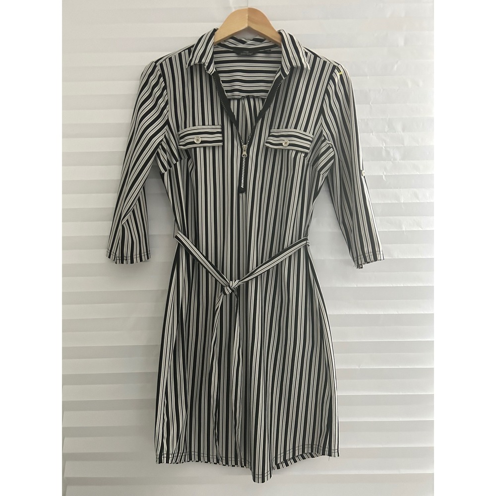 Mlle Gabrielle Black White Striped Zip Front Roll Tab Sleeve Belted Dress PM